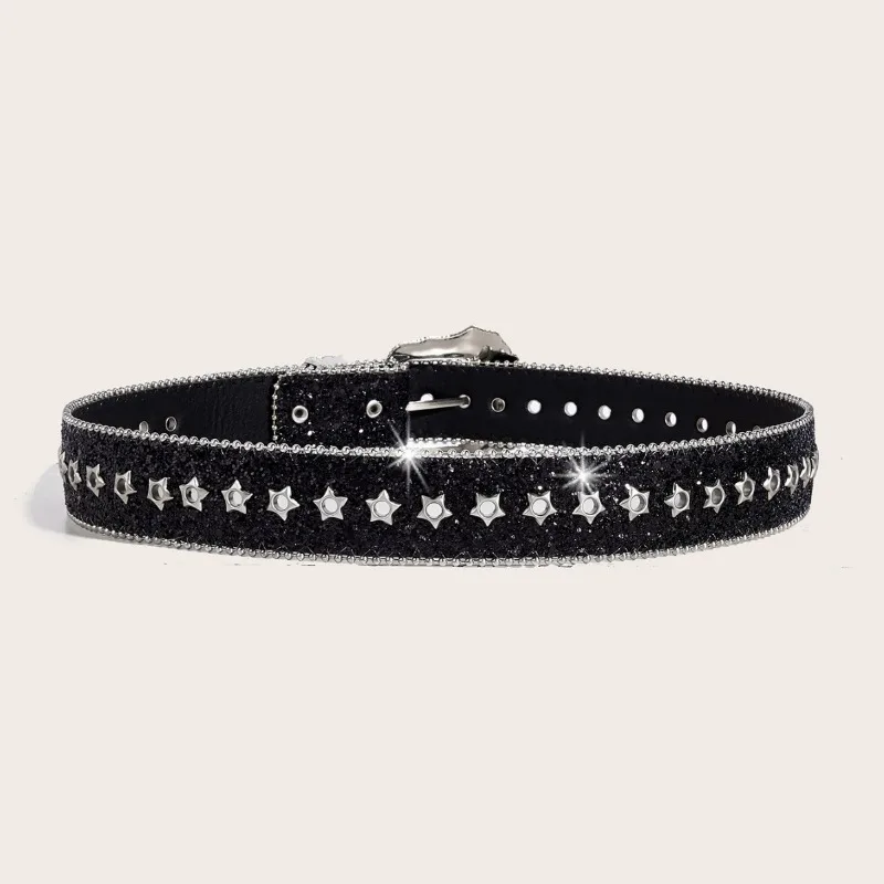 Black Subculture Women's Belt | American Retro Ins Style Star Sparkly Decor, Fashionable Accessory for Dresses &  Pants