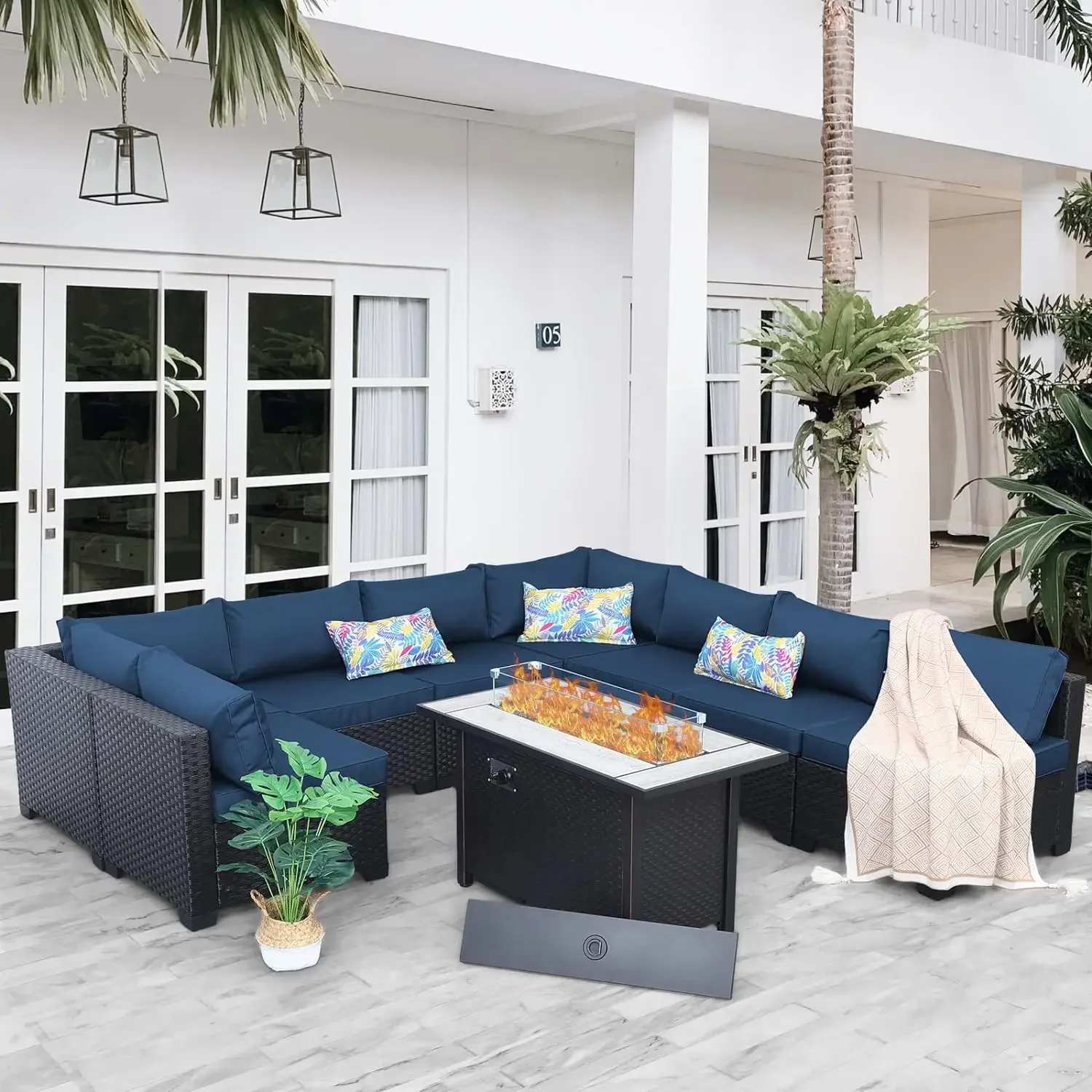 9Pcs Outdoor Furniture Sets Patio Sectional Couch with Fire Pit Patio Furniture Set Propane Fire Pit Table with Cushions & Cover