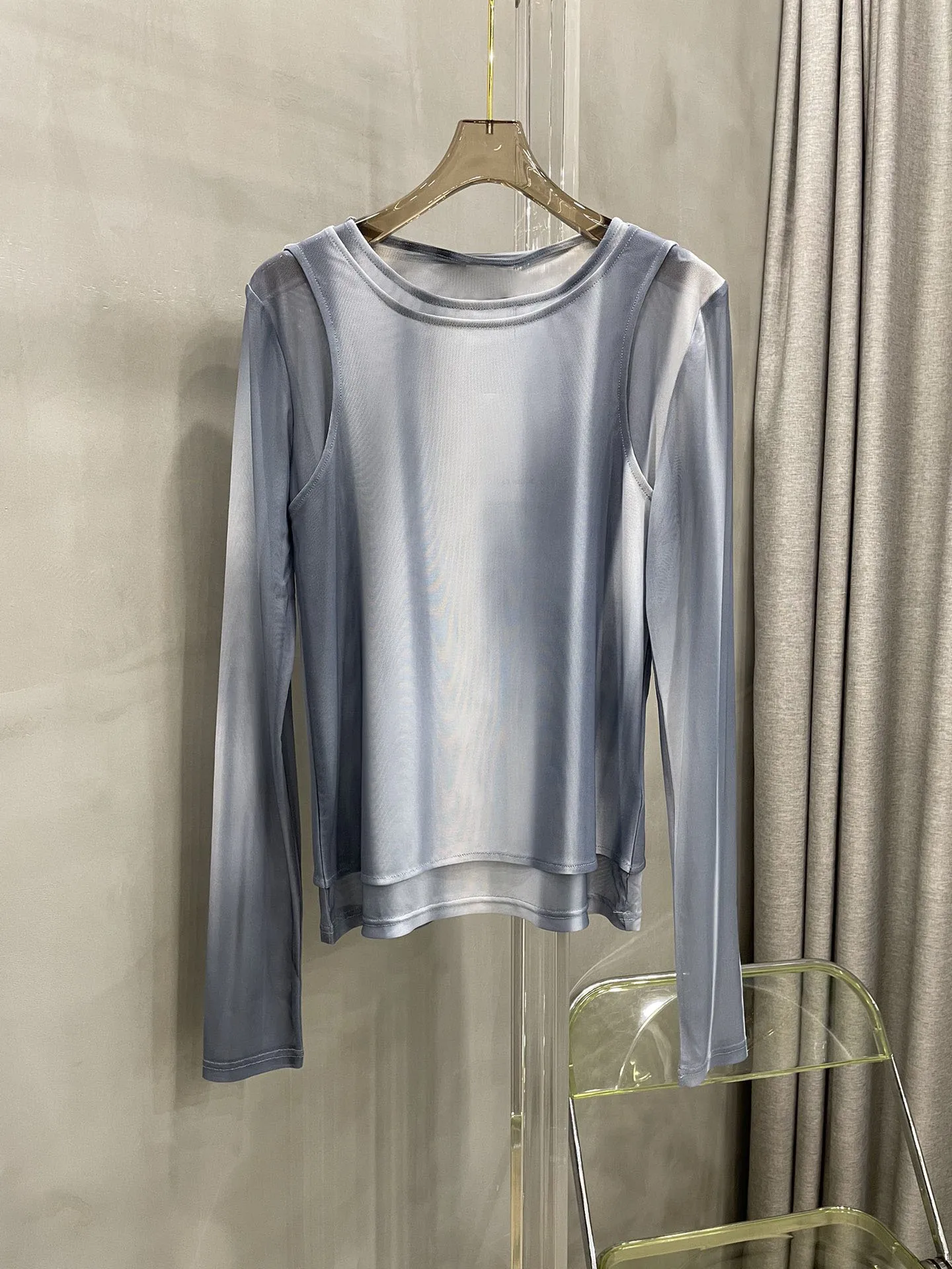 

Micro-transparent printed long-sleeved tops all-match casual fashion 2023 summer new style 0402