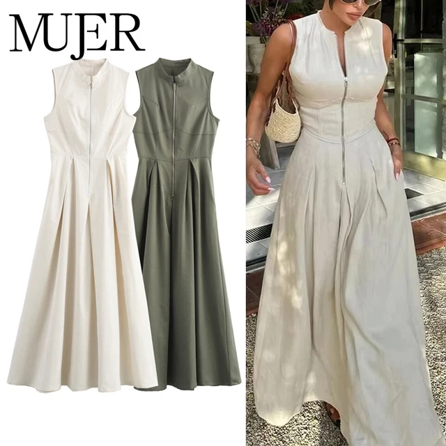 MUJER Zipper Long Dress Woman Pleated Sleeveless Bodycon Dress Summer Elegant Party Dresses For Women 2025 New Midi Dresses 1