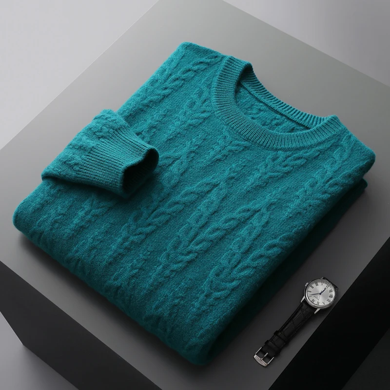 Autumn and winter new 100% pure wool cashmere sweater men's round neck twist thick knitted sweater loose fashion bottoming coat 2