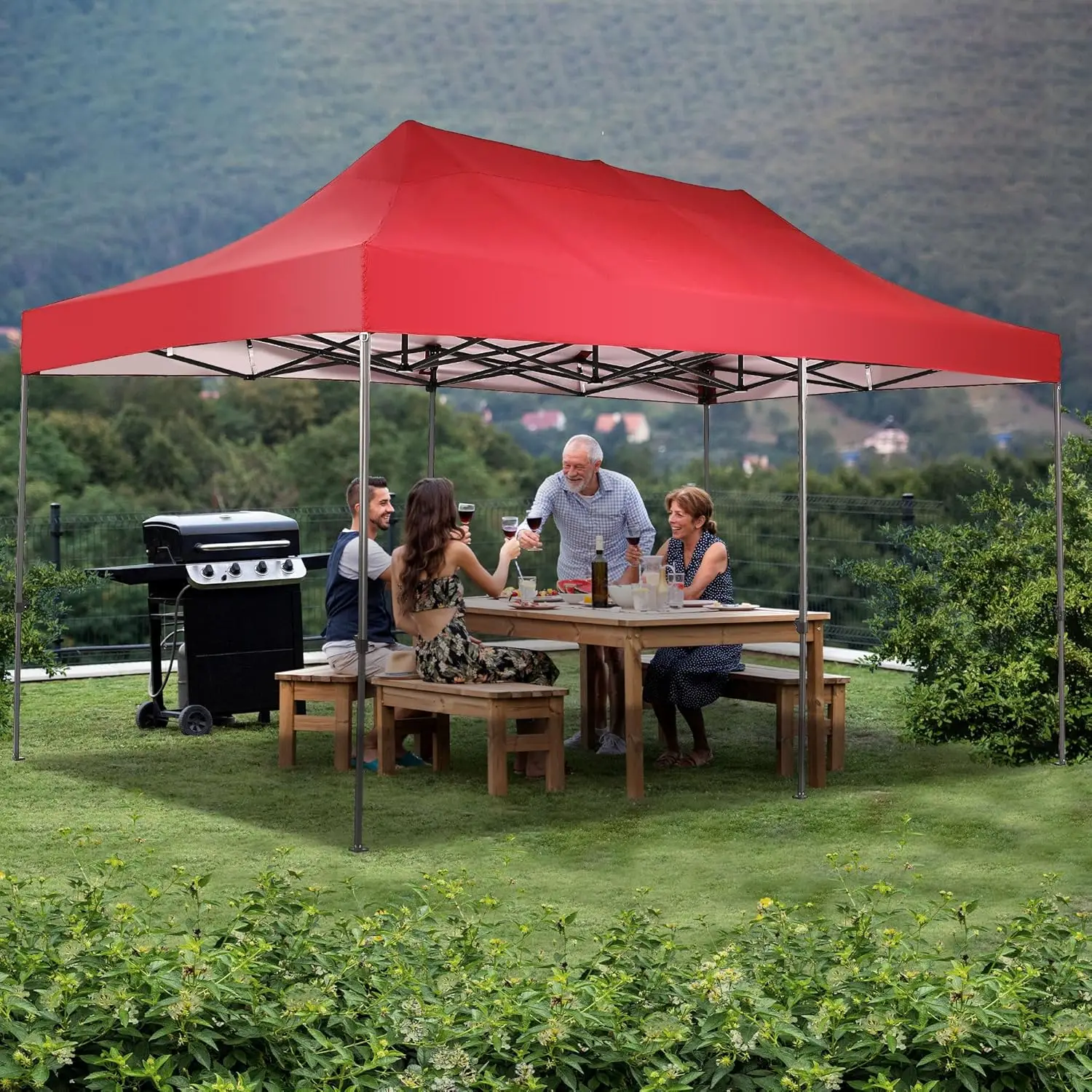 10x20 ft Instant Pop up Canopy, Folding Heavy Duty Height Adjustable Shelter Gazebos with Wheeled Bag Red