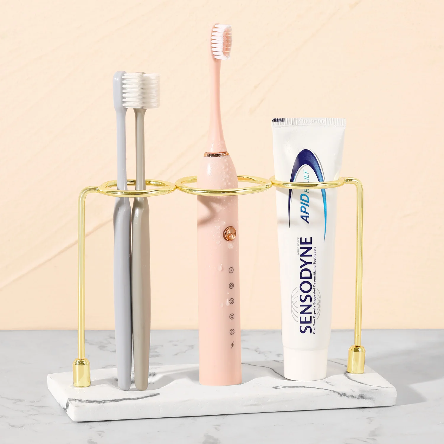 Resin Toothbrush Holder,3 Slots Marble Golden Toothbrush Storage Stand