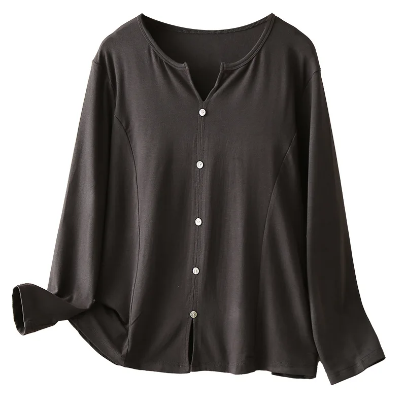 Women's Long Sleeve Basic T-shirt, Loose Tees, V-neck, Split Buttons, Temperament Tops, New, Plus Size, Autumn, Winter, 2431