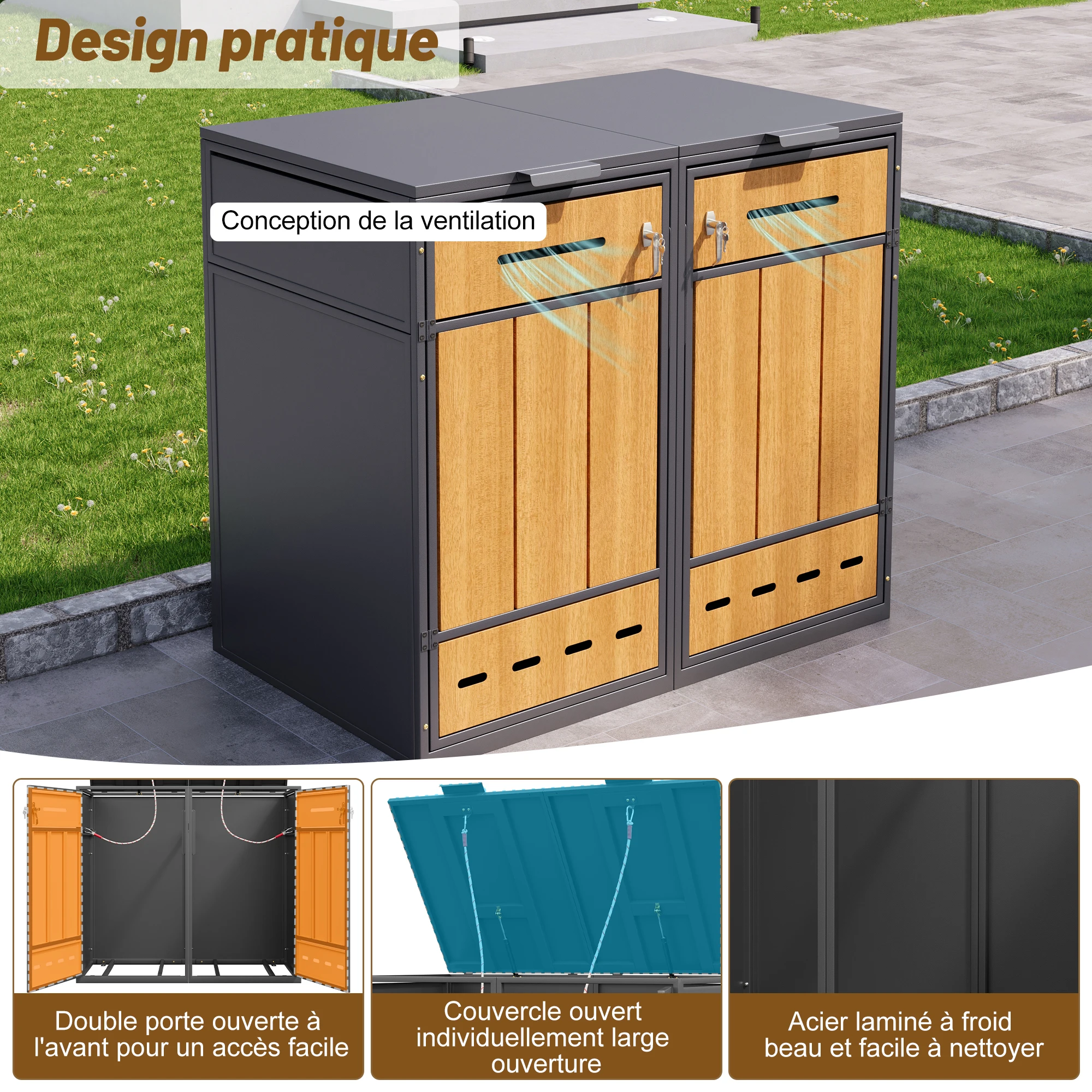 Mülltonnenaufbewahrungsbox für zwei 120-240L Behälter, mit Belüftungslöchern, Fächern, Schlössern und zwei Türen. – Detail 14
