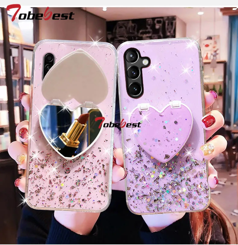 Glitter Heart Mirror Phone Holder Case with Sparkling Design and Holder Grip