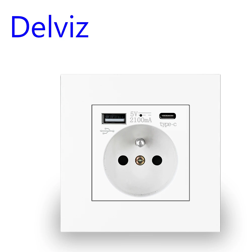 Delviz พร้อม usb ปลั๊กมาตรฐานฝรั่งเศส, ปลั๊กไฟ 16A สําหรับฝรั่งเศส, แผงพีซีสีขาว, แจ็คชาร์จ 1A1C 5V, ปลั๊กติดผนัง USB Type C 1