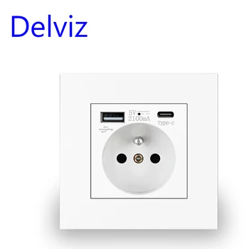 Delviz พร้อม usb ปลั๊กมาตรฐานฝรั่งเศส, ปลั๊กไฟ 16A สําหรับฝรั่งเศส, แผงพีซีสีขาว, แจ็คชาร์จ 1A1C 5V, ปลั๊กติดผนัง USB Type C 1