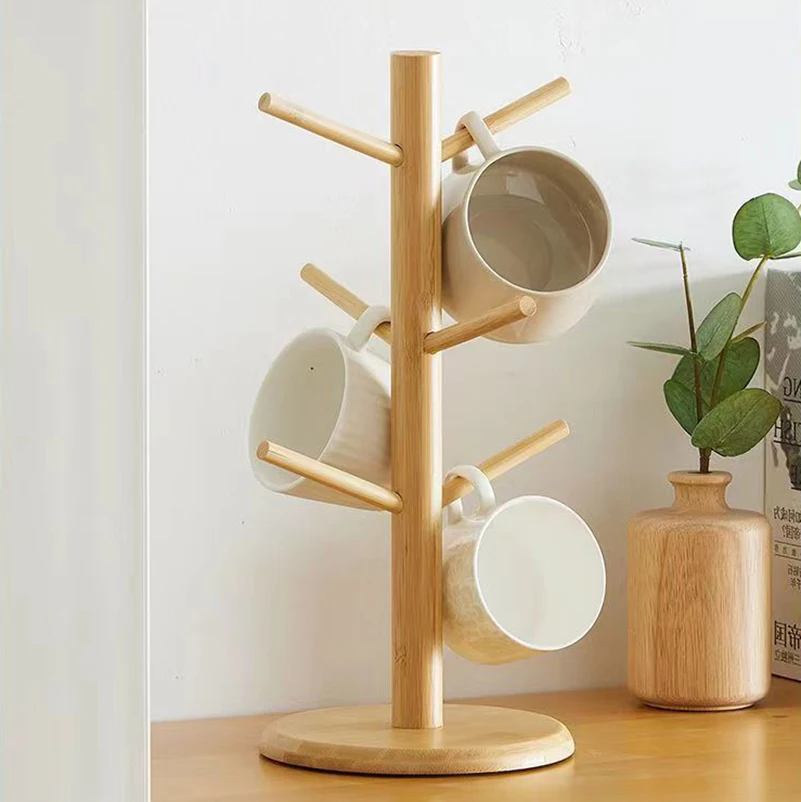 Set Tree Shape Wood Coffee Tea Cup Storage Holder Stand Mug Hanging Display Rack Drinkware Shelf 6 Hooks Home Kitchen1
