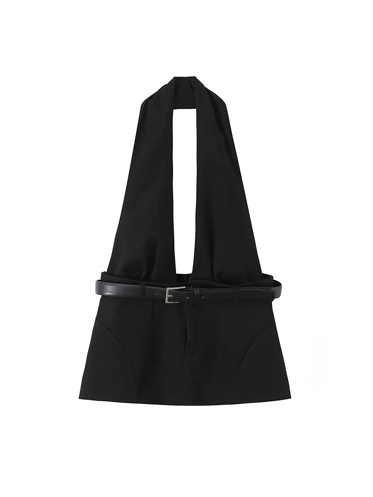 Fashion Women Sexy Halter Tops With Belt  Sleeveless Backless Chic Street Club Party A-Line Hem Top V-neck Slim Streetwear