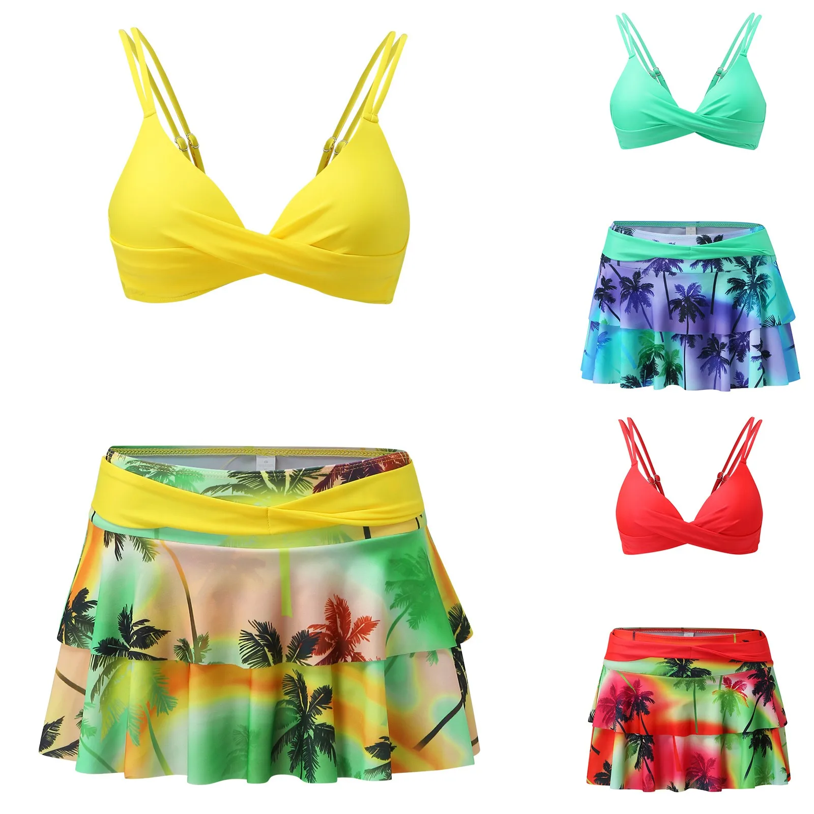 

Set Print Bikini Split Swimsuit Women'S High Ruffle Sexy Waist Swimwears Tankinis Set