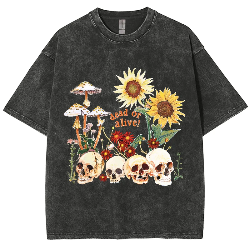 

Fashion Hiphop Y2K Washed T-shirts, Cartoon Sunflower And Skull Alive Or Dead, Oversized Streetwear Washed Tshirts For Men Women