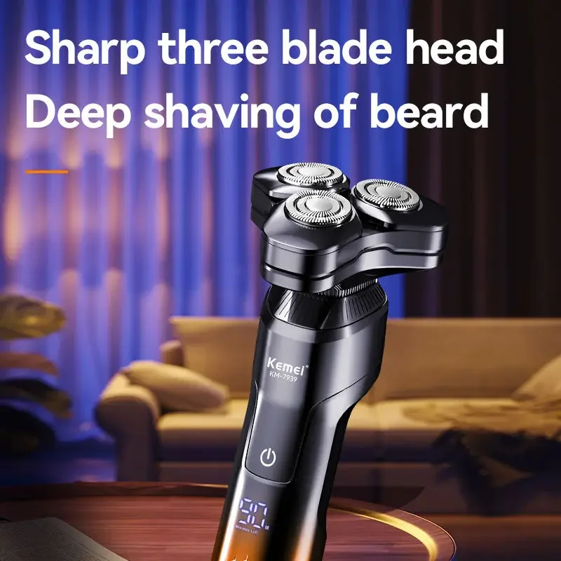 Kemei Men's Electric Shaver Wet Dry Beard Electric Shaver Rechargeable LCD Display