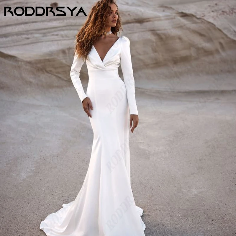 

RODDRSYA Long Sleeve Wedding Dress For Women Soft Satin Mermaid Bridal Gowns Sleeveless Backless Beach Vestido Novia Boda Civil