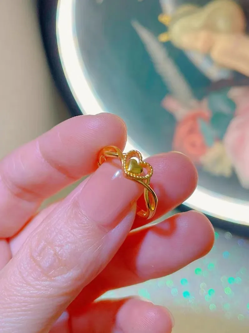 Au999 Yellow Gold Heart Ring Women Niche Design Heart to Heart Open Finger Ring Light Luxury Stacked Heart Ring 5