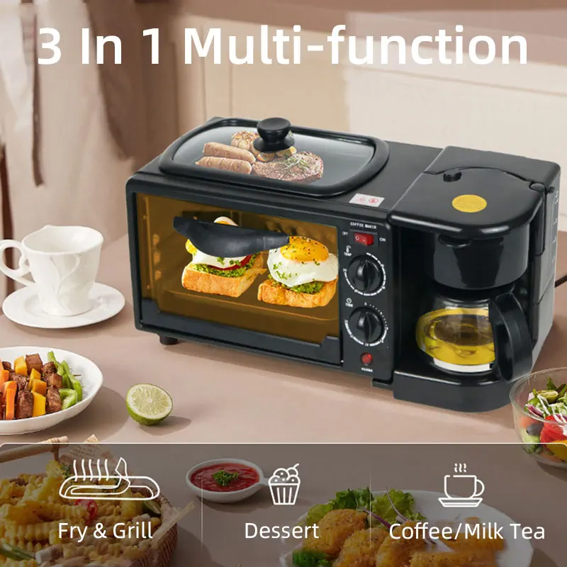 3 in 1 Multi-Functional Breakfast Maker,600mL Coffee Machine,9L Capacity Oven,Non Stick Coating Pan，Household Kitchen Appliances