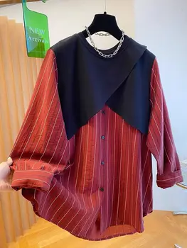 Camicia patchwork a righe rosse moda autunnale Top ampio in due pezzi finto 1