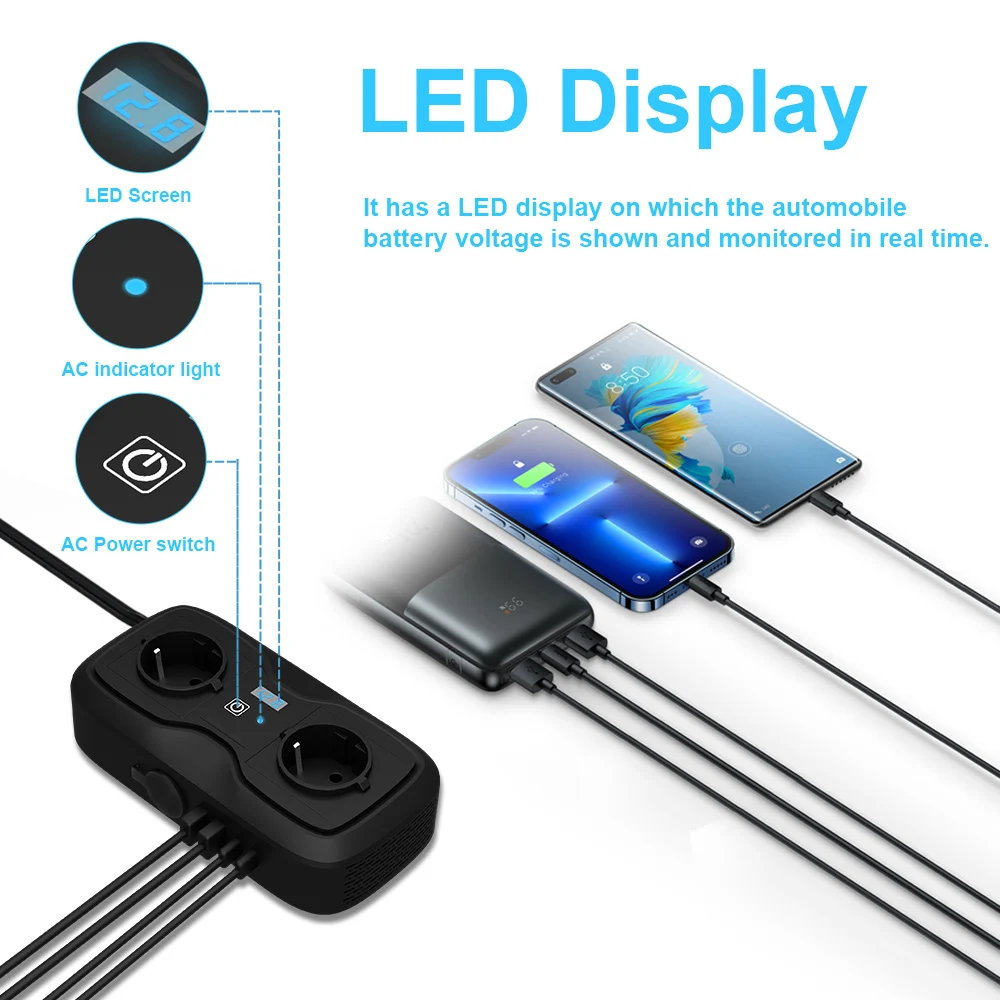 12V To 220V 200W Peak LED Display Sockets Power Inverter Car Power Inverter Adapter Converter With 3.6A Dual USB Type-C EU vehicle inverter car converter inverter car inverter car power converter power inverter