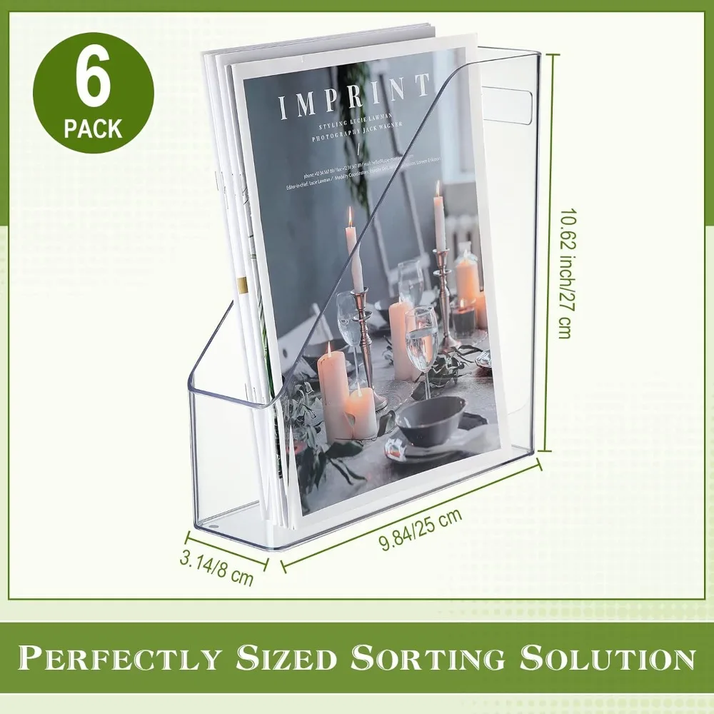 6 Pcs Clear Acrylic Magazine File Holder Plastic Desk Organizer with Handle Basics Vertical, Magazines Racks 4