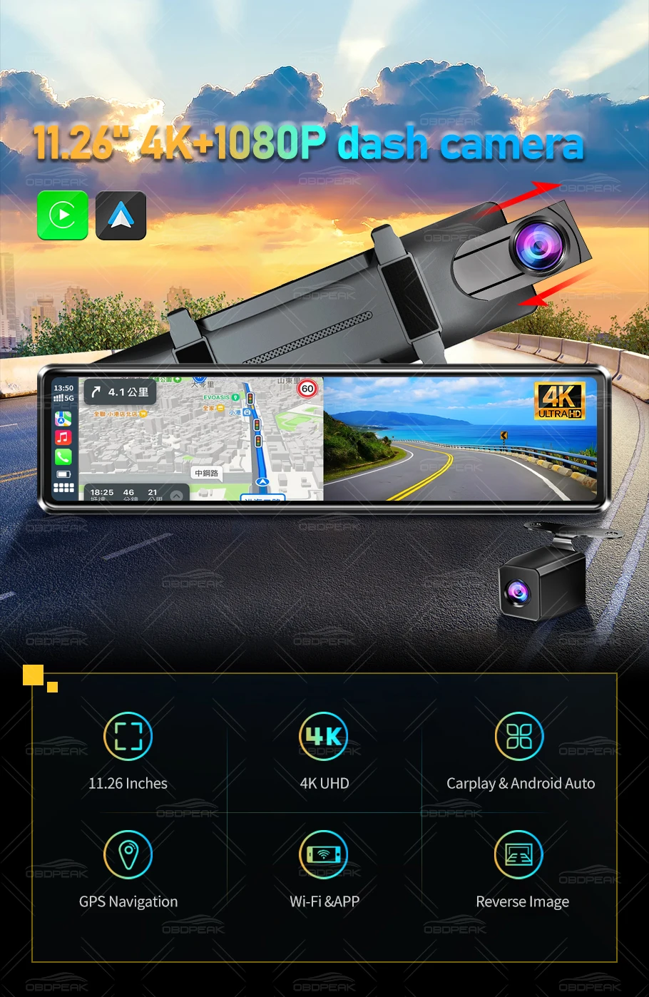 K4 11.26 Inch Carplay & Android Auto 4K 2160P Wifi Dash Cam Rearview Mirror Car