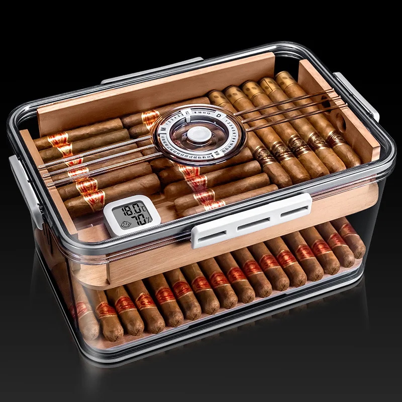 

Cigaron humidor sealed and moisturizing large capacity transparent cedar wood double-layer cigar buckle box cigar hygrometer