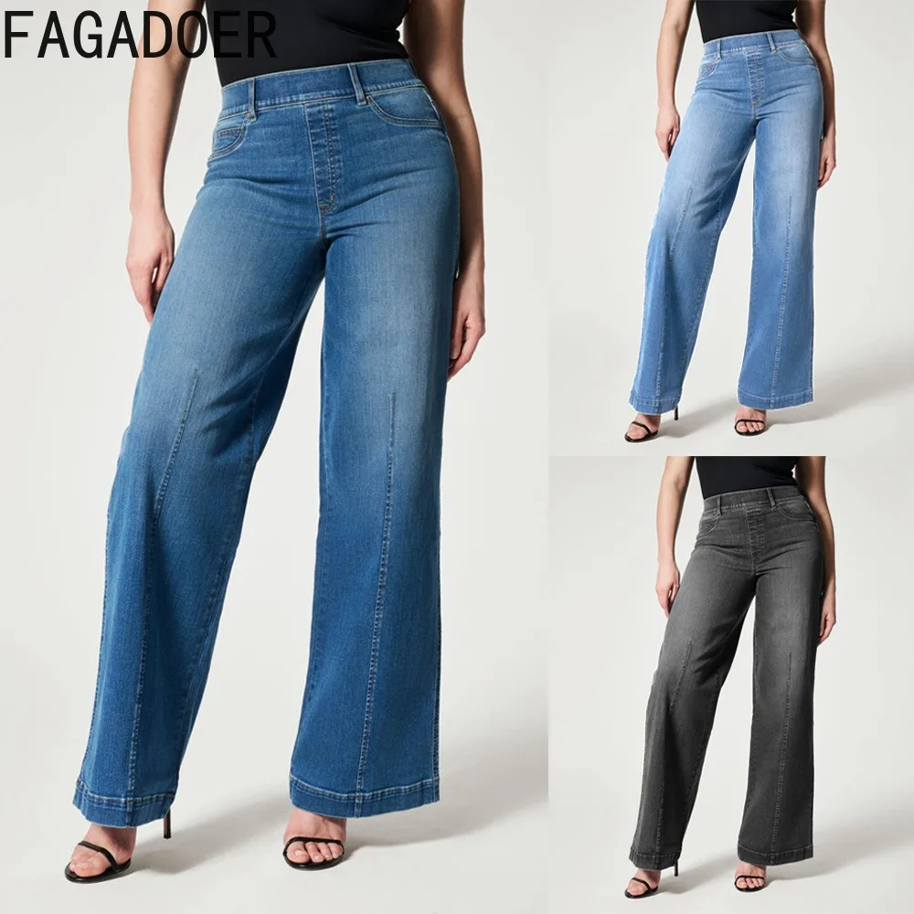 FAGADOER Vintage Fashion OL Streetwear Women High Waist Button Wide Leg Denim Pants Casual Female Cowboy Trousers Autumn Jean