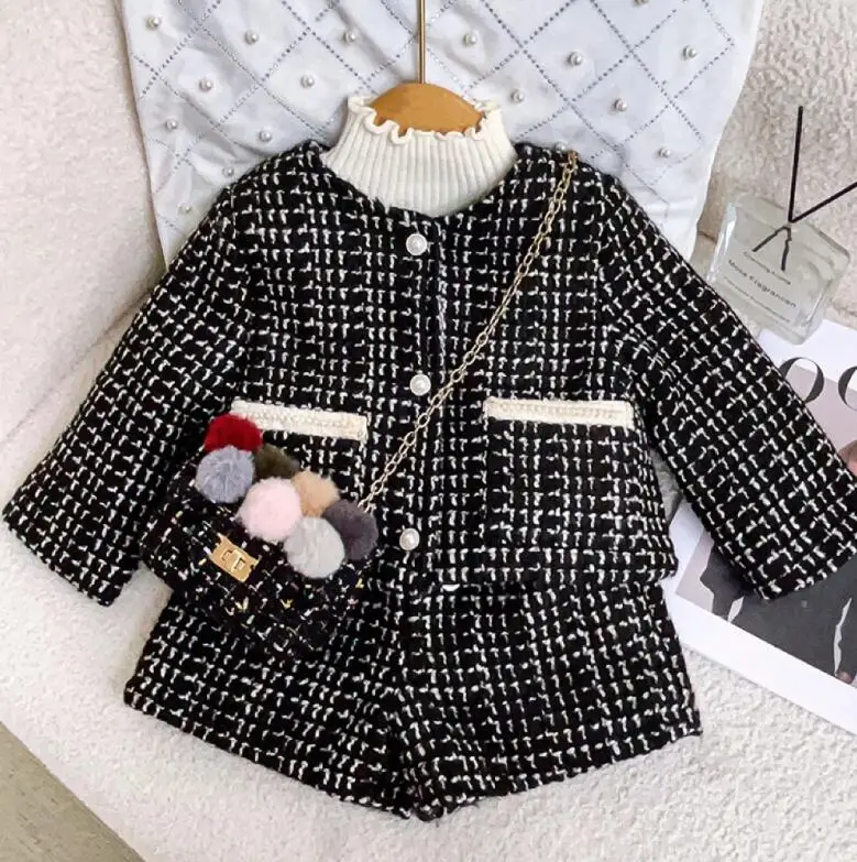 

Retail 2023 New Baby Girls Formal Lady Fall 2 Pieces Sets Coat+ Shorts Princess Elegant Suits 2-7T