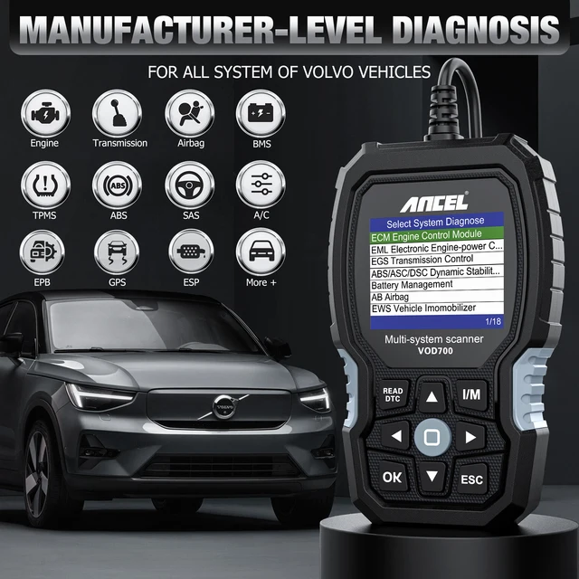 ANCEL VOD700 OBD2 Scanner for Volvo Car Code Reader Diagnostic Scan Tool ABS Bleeding Injector Oil