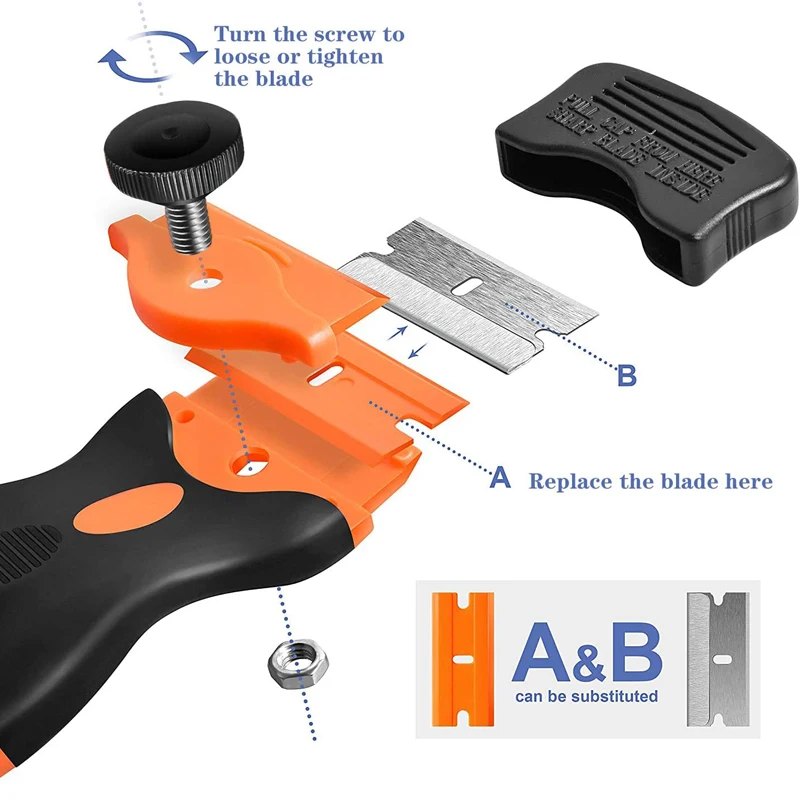 Scraper Tool Double-Sided Scraper Plastic Handle Blade Metal Combination Multifunctional Razor Scraper for Car Window Blade Knife Cleaner