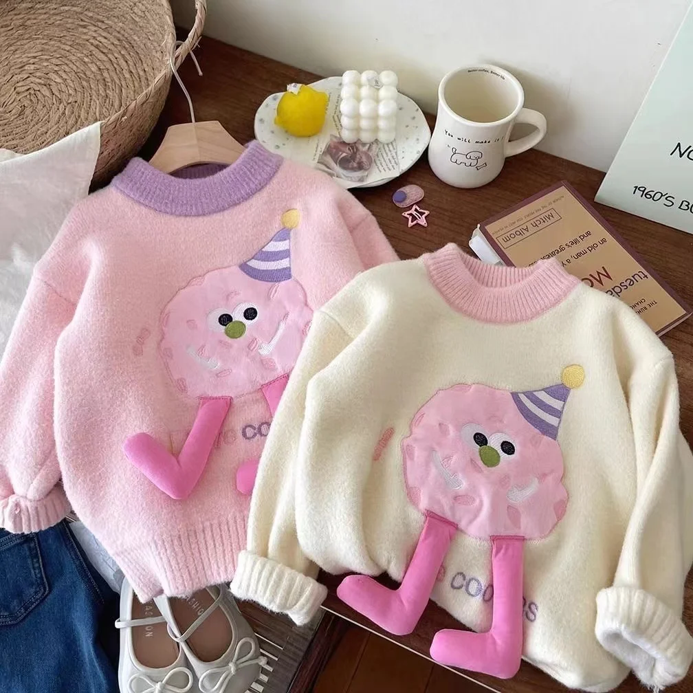 

Girls Sweater Children's Knitted Warm Bottom Round Neck Pullover 2024 New Winter Girls Cartoon Cute Top Kids Clothing
