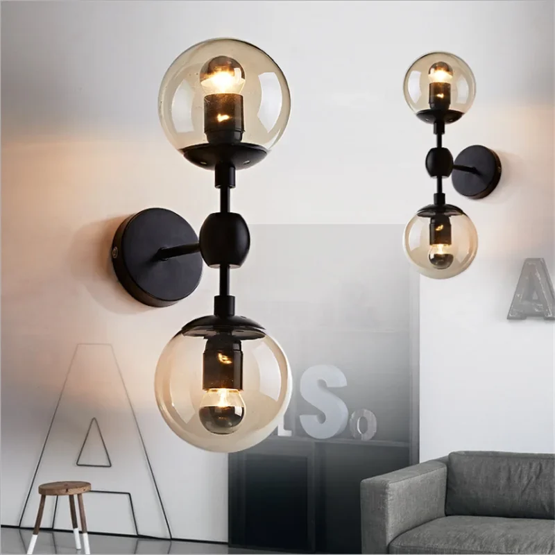 Modern Led Wall Lamp Black Wall Lights with Special Glass Round Ball Bedside Lights with G9 Bulbs Sconce Decor
