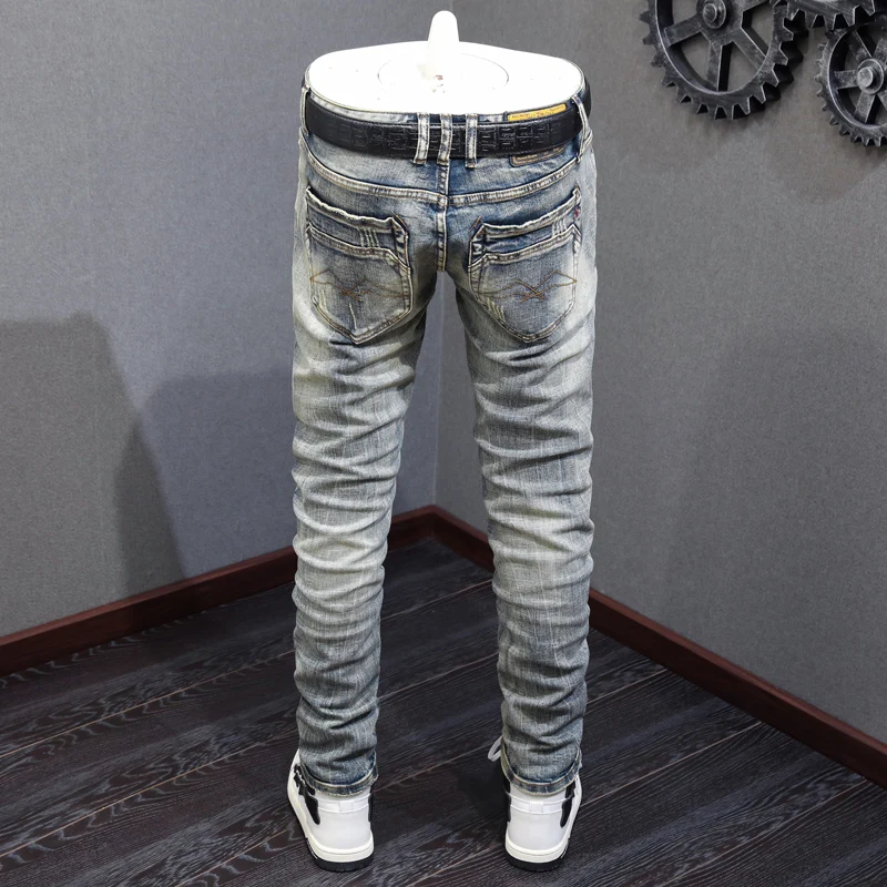 Italian Style Fashion Men Jeans High Quality Retro Washed Elastic Slim Fit Ripped Jeans Men Vintage Designer Denim Pants Hombre