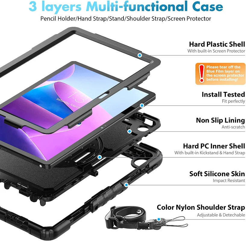 Capa Kickstand com Protetor de Tela Case à Prova de Choque Alça de Ombro Lenovo Tab M10 3rd Tb328fu M10 hd 2nd Gen Tb-x306f 10.1 - Imagem 3