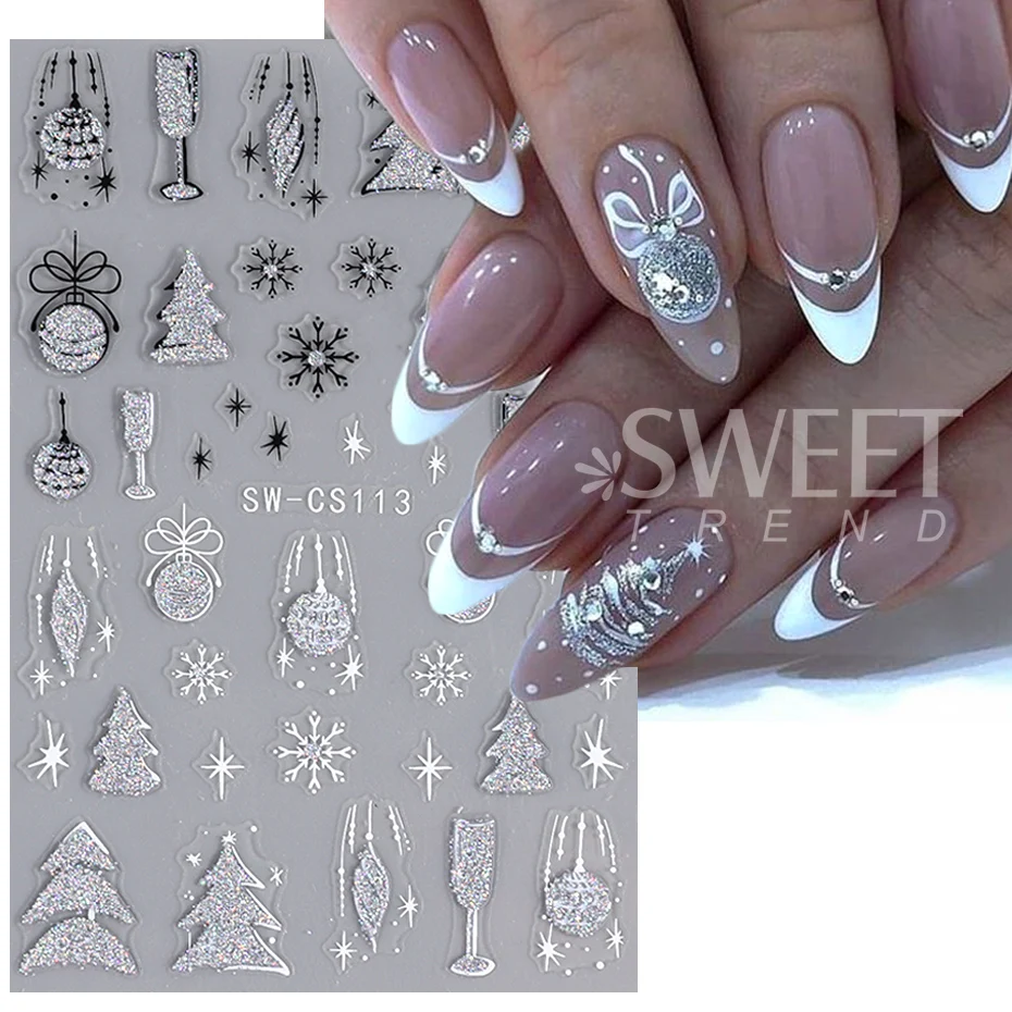 Silver Glitter Christmas Nail Stickers 3D Winter Tree Snowflake Feather Leaf Lantern Gift Wine Holographic Manicure Slider Tips 3