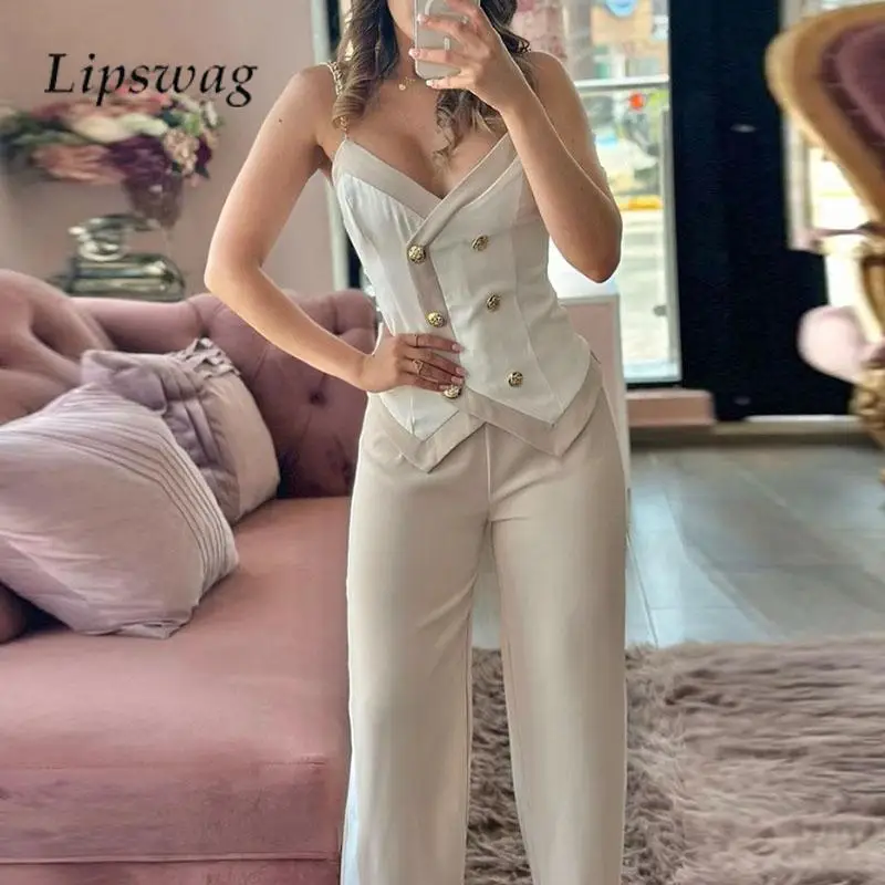 

Sexy Sling Double-breasted Tops+Pants Suit Fashion Ladies Office Commuter Set Elegant Contrast Color Slim Straight Pants 2pc Set