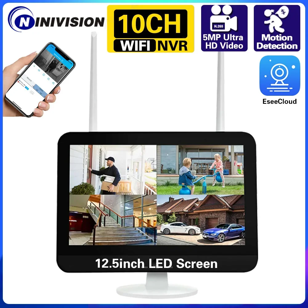 

10CH 12.5Inch WiFi Screen Monitor Wireless System 5MP NVR Security WiFi IP Camera Surveillance Motion Detection ESeeCloud APP