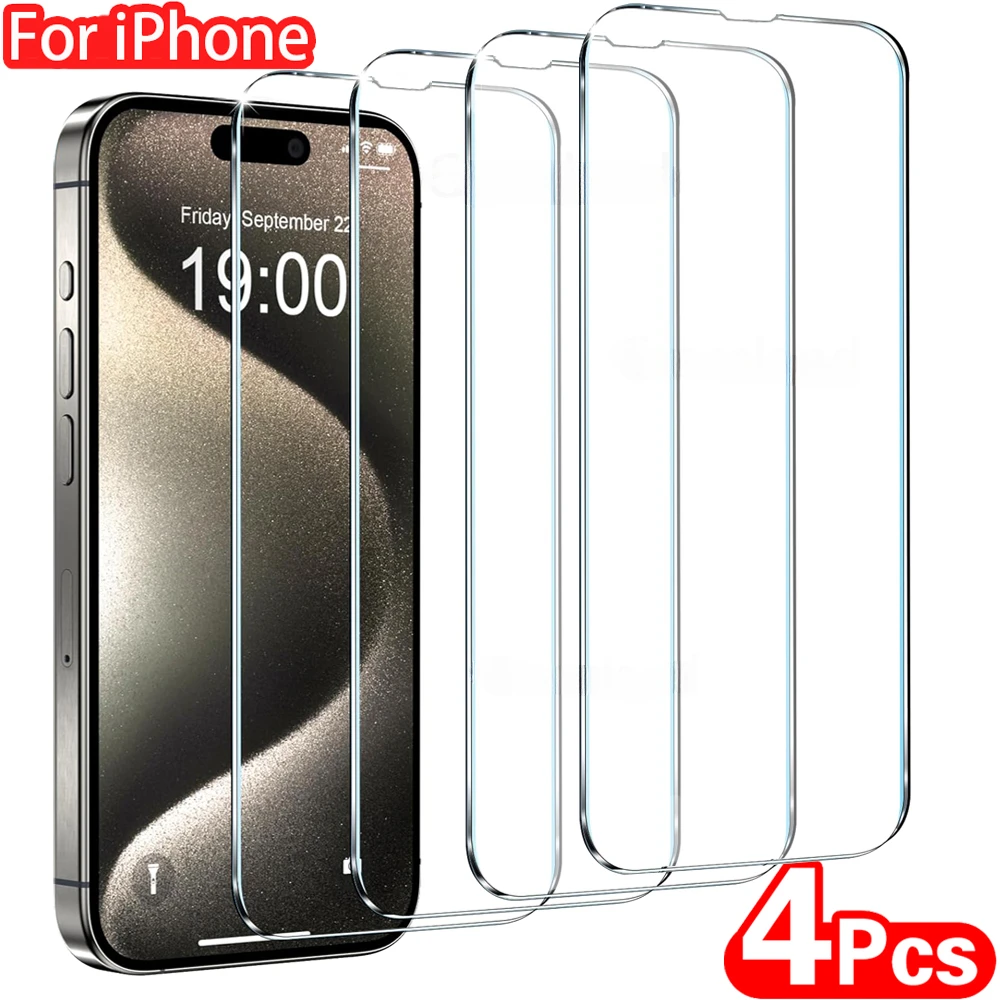 

4 шт. закаленное стекло для iPhone 15 14 13 12 11 Pro Max, Защита экрана для iPhone 6 7 8 Plus X XS Max XR, защитная стеклянная пленка