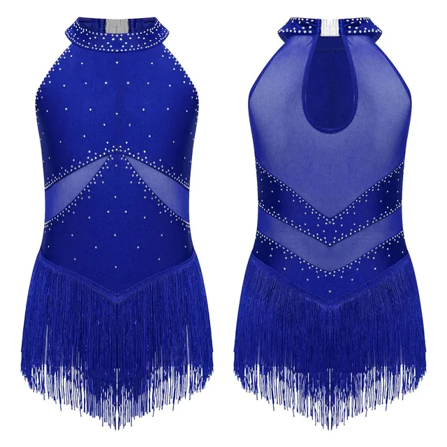 Kids Girls Sleeveless Fringed Bodysuit Moden Latin Jazz Dance Leotard Dress Rhinestones Gymnastics Skating Performance Costumes