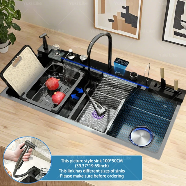 ใหม่สแตนเลสน้ําตกอ่างล้างจานขนาดใหญ่ช่องเดียวหลายรูปแบบที่แตกต่างกันของอ่างล้างจานมัลติฟังก์ชั่ล้างชาม 1