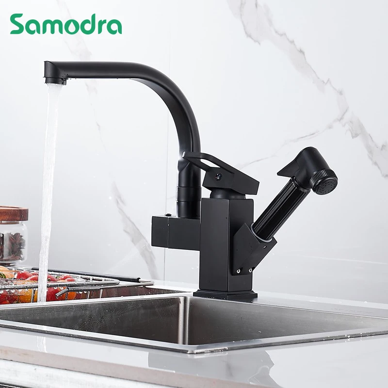 kitchen Sink Faucet Black Deck Mounted Flexible Pull Out Mixer Tap Hot Cold Kitchen Faucet Spring Spout Chrome Silver Faucet chrome finish kitchen faucet with flexible arc 360 degree rotatable sprayer stainless steel bathroom sink wall mount water mixer