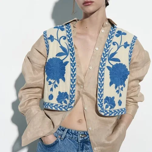 

Women Vintage Floral Embroidered Open Waistcoat Ladies National Sleeveless Casual Vest Jacket Outfits Casual Vacation Crop Tops