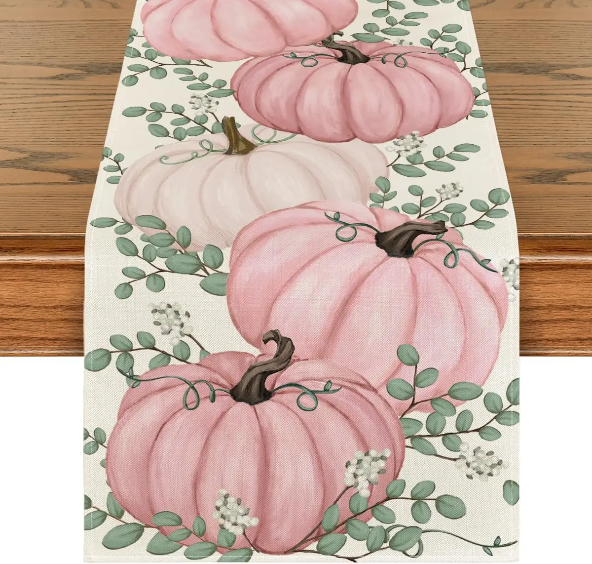 

Pink Pumpkins Eucalyptus Fall Linen Table Runner Seasonal Autumn Thanksgiving Dresser Scarf Table Decor Party Dining Table Decor
