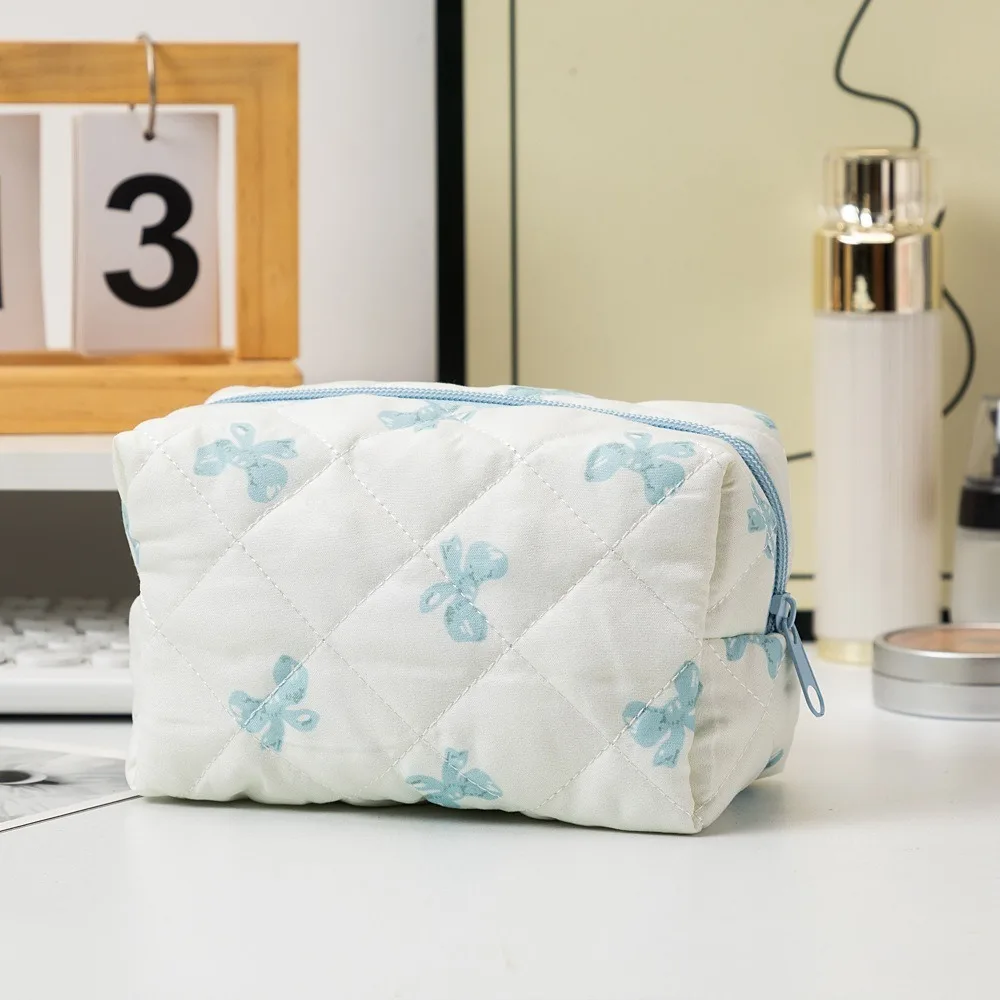 Women's Cosmetic Bags Bow Quilting Cotton Makeup Bag Women Zipper Cosmetic Organizer Portable Toiletry Handbag 3