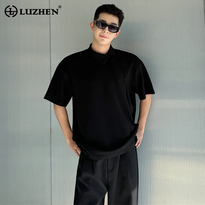 

LUZHEN Stylish Handsome Splicing Design Short Sleeved T Shirts 2024 Summer New Korean Men Solid Color Fashion Street Tops LZ3432