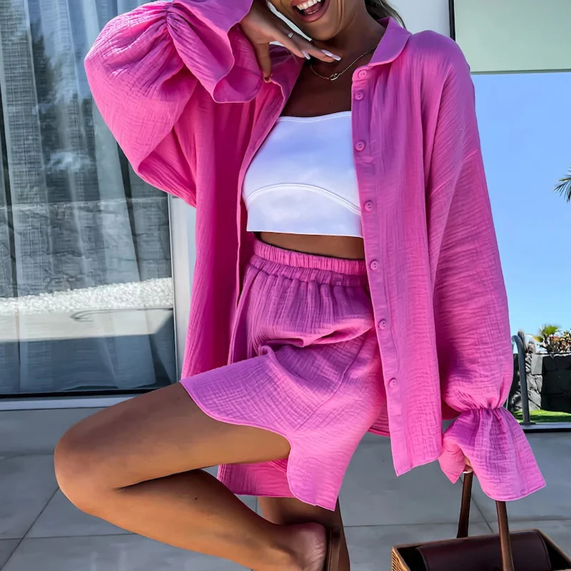 

Spring Long Sleeve Lapel Shirt & High Waist Shorts Outfits Women Casual Solid Pleated Set Summer Lace-up Button Office 2pcs Suit