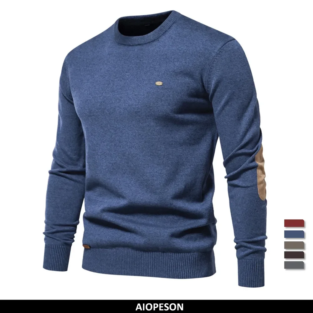 

2023 New Autumn Cotton Sweater for Men O Neck Patchwork Sleeve Pullovers Men Solid Color Warm Winter Mens Sweaters