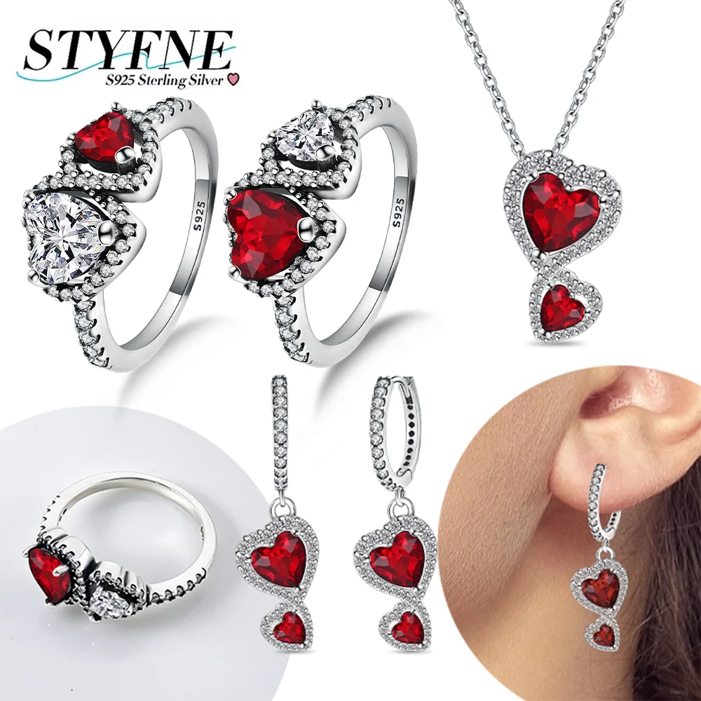 925 Sterling Silver Sparkling Double Red Love Zircon Jewelry Set Earring Necklace Ring for Women's Valentine's Day Gift