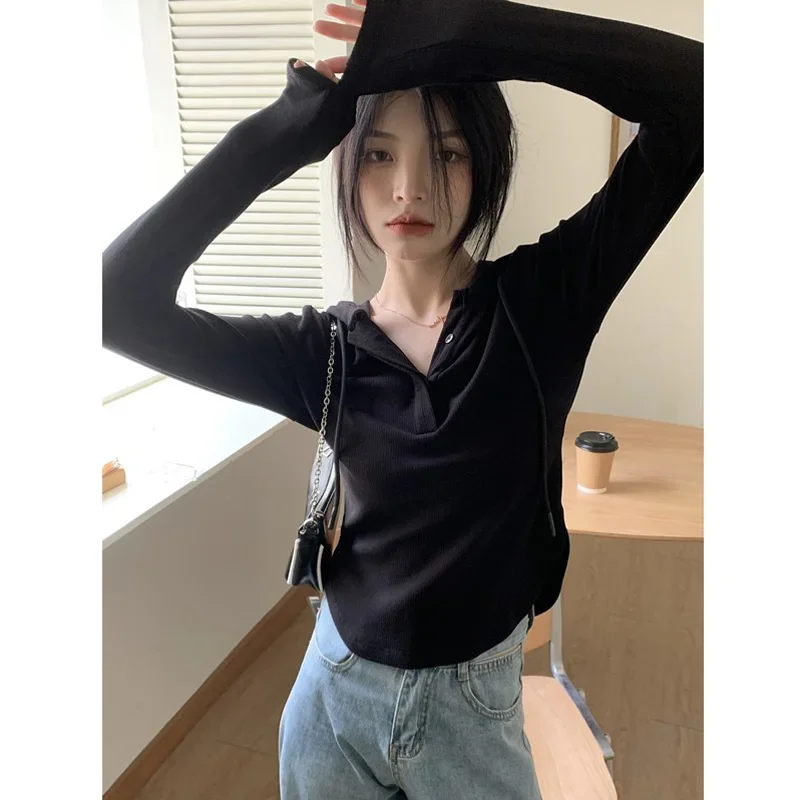 

Black Hooded Long-Sleeved T-shirt Women 'S Autumn 2022 Design Sense Niche Bottoming Shirt Slim Slimming Top Aesthetic Clothes