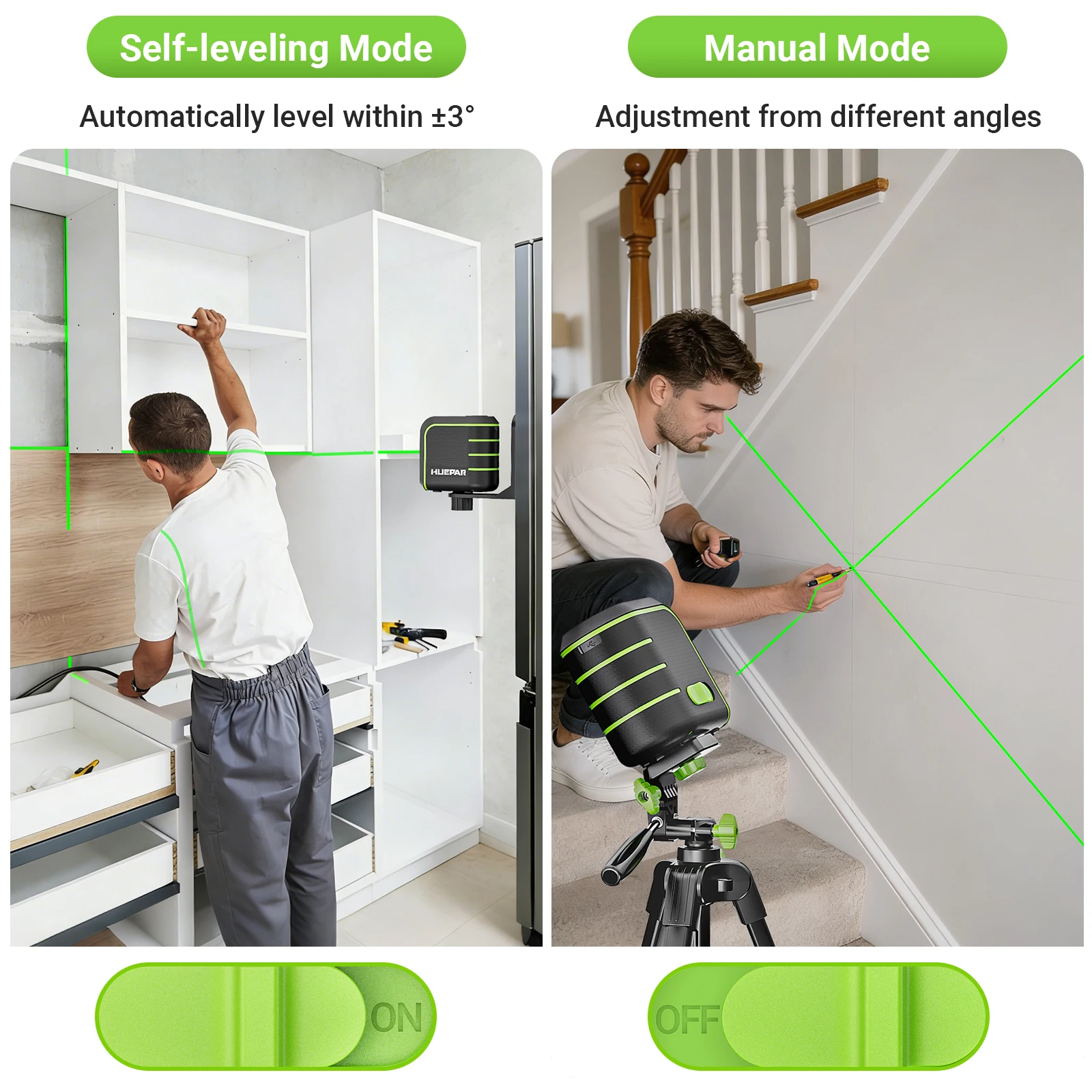U011G green beam 2 lines self-leveling laser level with pulse mode & 2200mAh bat