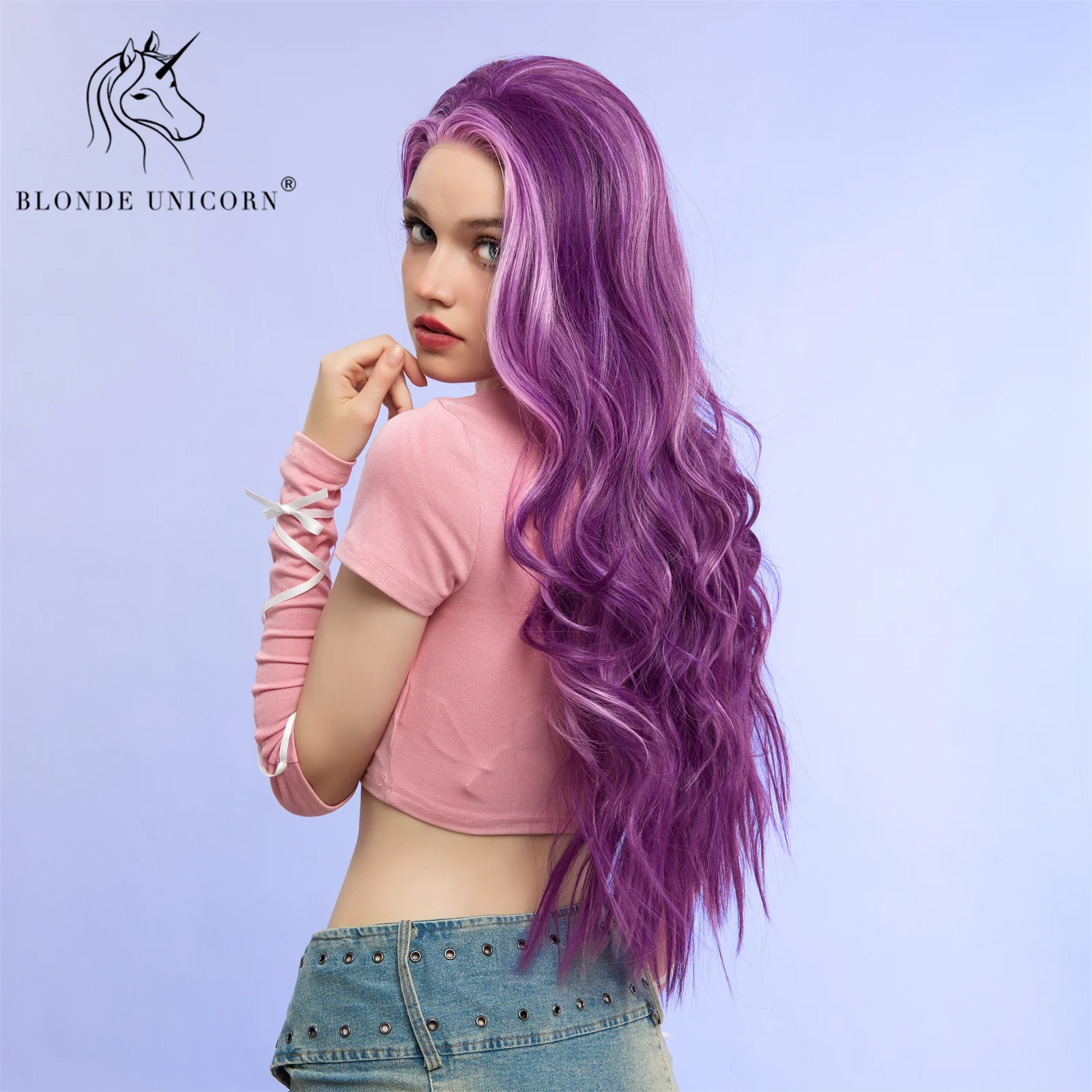 Blonde Unicorn Lace Front Highlight Purple Wave Synthetic Wigs for Black White Women Daily Party Cosplay Heat Resistant